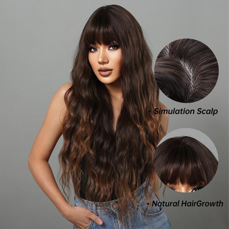 Brown Curly Wig with Bangs - Mid Length Wavy Hair