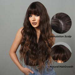Brown Curly Wig with Bangs - Mid Length Wavy Hair