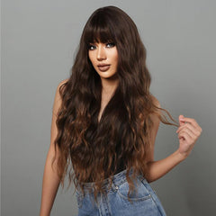 Brown Curly Wig with Bangs - Mid Length Wavy Hair