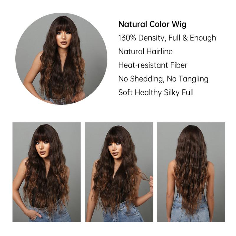 Brown Curly Wig with Bangs - Mid Length Wavy Hair