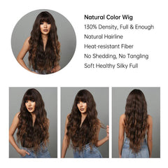 Brown Curly Wig with Bangs - Mid Length Wavy Hair