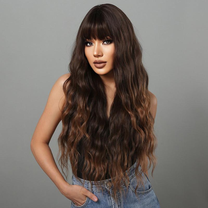 Brown Curly Wig with Bangs - Mid Length Wavy Hair
