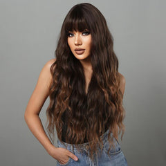 Brown Curly Wig with Bangs - Mid Length Wavy Hair