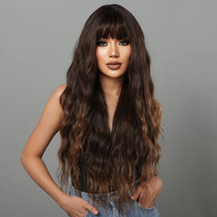 Brown Curly Wig with Bangs - Mid Length Wavy Hair