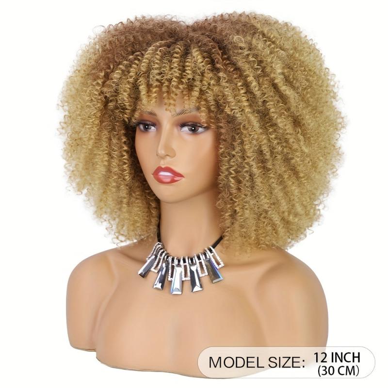 Short Curly Afro Wig With Bangs Kinky Curly Hair Wig Afro Synthetic Full Wigs
