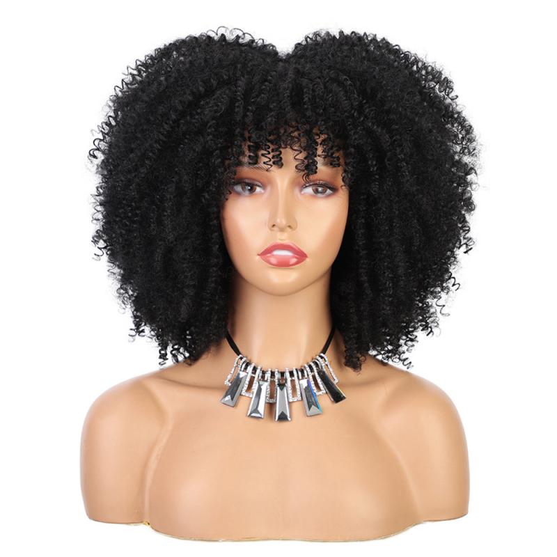 Short Curly Afro Wig With Bangs Kinky Curly Hair Wig Afro Synthetic Full Wigs