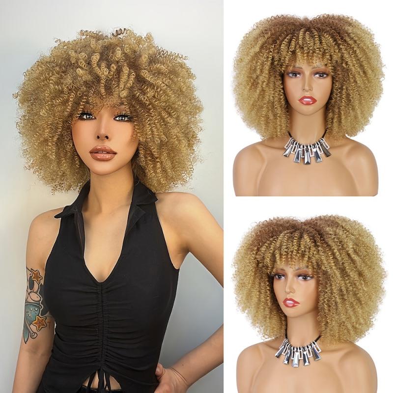 Short Curly Afro Wig With Bangs Kinky Curly Hair Wig Afro Synthetic Full Wigs