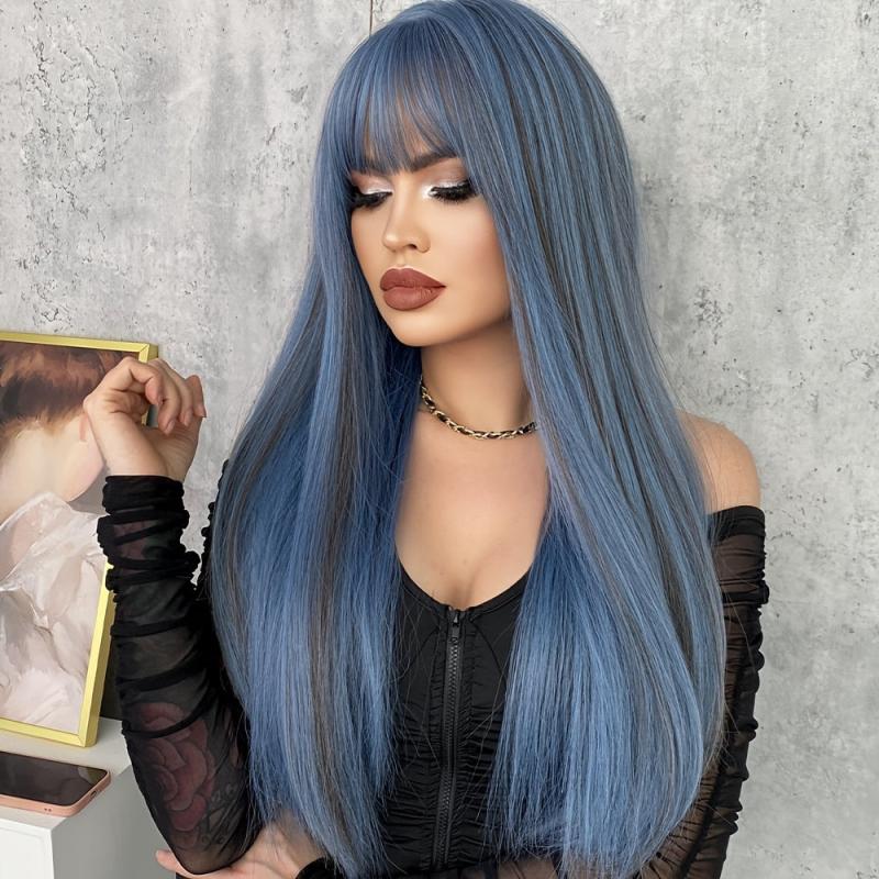 Long Straight Ash Wig Bangs Heat Synthetic Bachelorette Party Wig