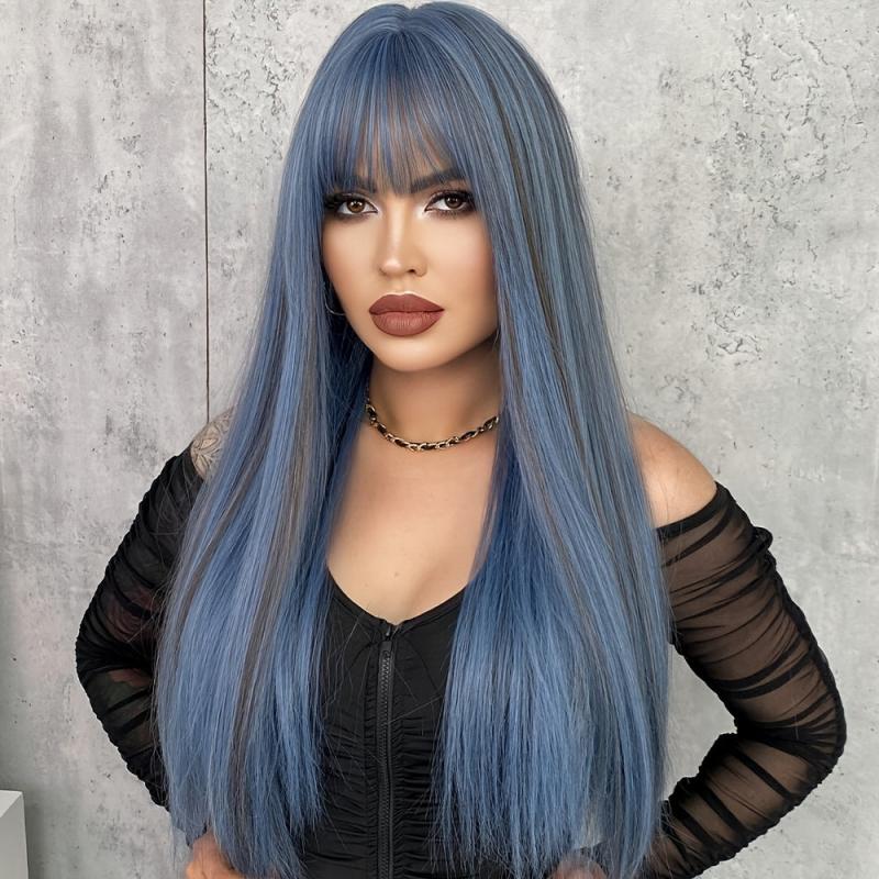 Long Straight Ash Wig Bangs Heat Synthetic Bachelorette Party Wig