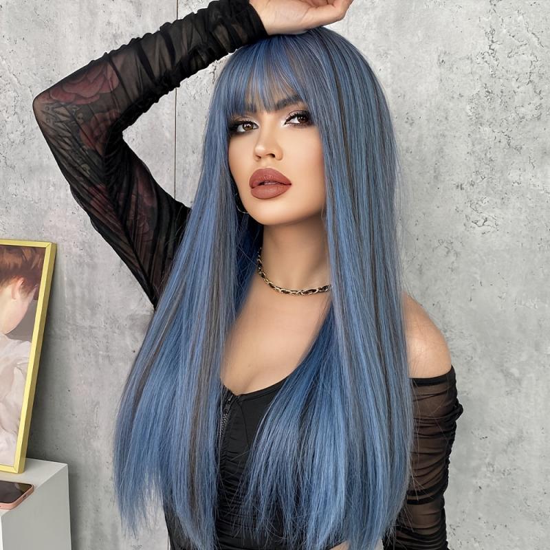 Long Straight Ash Wig Bangs Heat Synthetic Bachelorette Party Wig