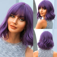 Purple Wig With Bangs Short Curly Wavy Shoulder Length Synthetic Wig
