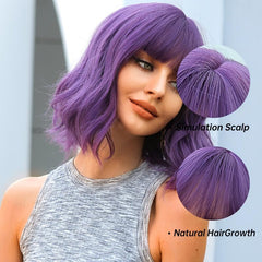 Purple Wig With Bangs Short Curly Wavy Shoulder Length Synthetic Wig