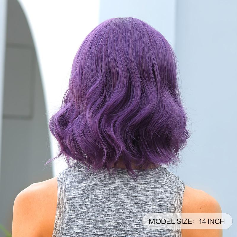 Purple Wig With Bangs Short Curly Wavy Shoulder Length Synthetic Wig
