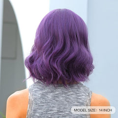 Purple Wig With Bangs Short Curly Wavy Shoulder Length Synthetic Wig