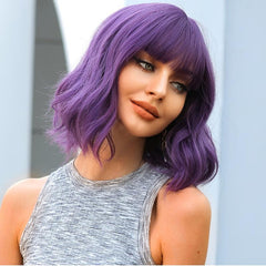 Purple Wig With Bangs Short Curly Wavy Shoulder Length Synthetic Wig