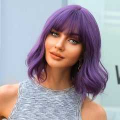 Purple Wig With Bangs Short Curly Wavy Shoulder Length Synthetic Wig