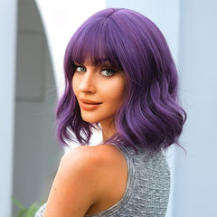 Purple Wig With Bangs Short Curly Wavy Shoulder Length Synthetic Wig