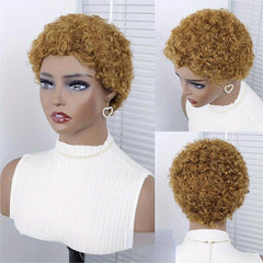 Short Curly Wavy Human Hair Pixie Wig 15-24cm