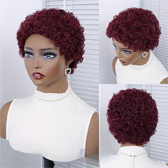 Short Curly Wavy Human Hair Pixie Wig 15-24cm