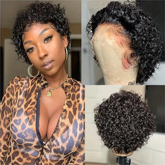 Short Curly Wavy Human Hair Pixie Wig 15-24cm