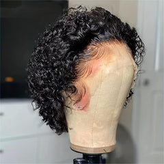 Short Curly Wavy Human Hair Pixie Wig 15-24cm