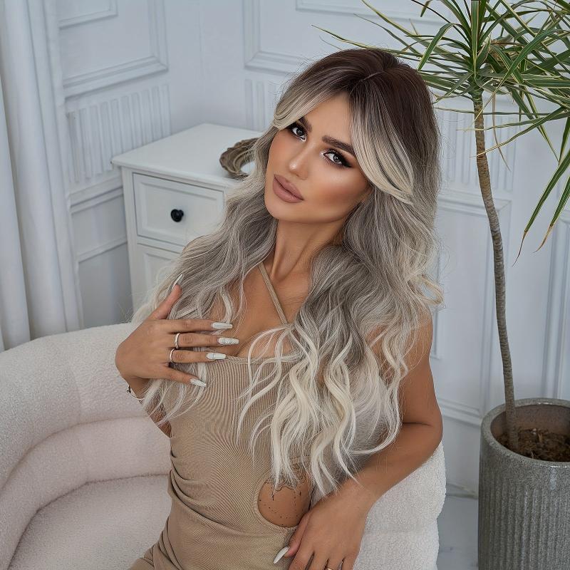 Ombre Platinum Long Curly Wavy Hair Wigs Butterfly Haircut 26 Inch