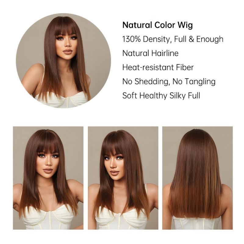 22 Inch Brown Short Straight Synthetic Wig With Bangs
