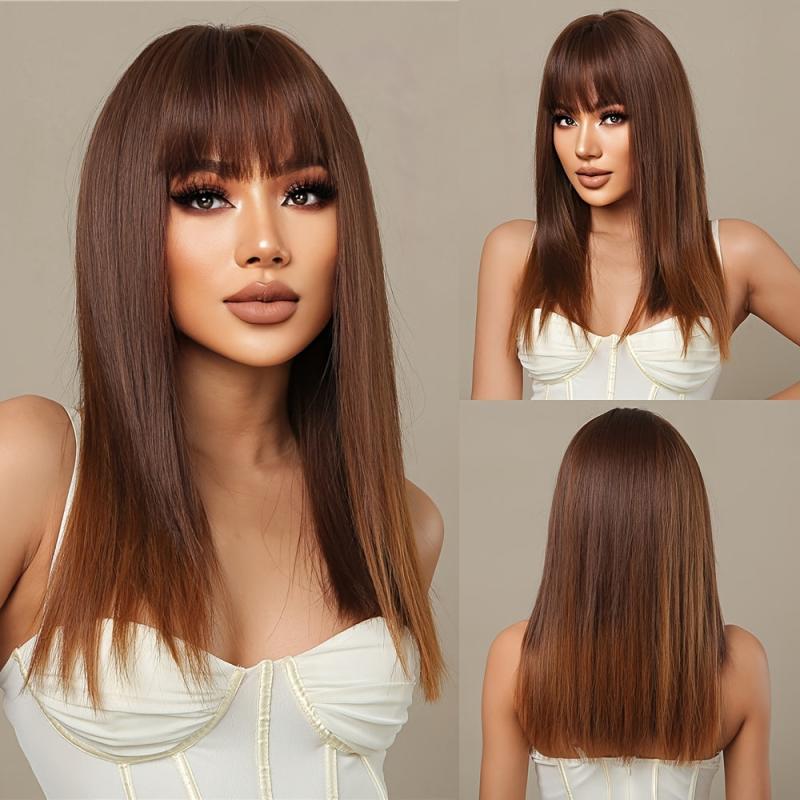22 Inch Brown Short Straight Synthetic Wig With Bangs