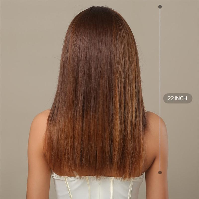22 Inch Brown Short Straight Synthetic Wig With Bangs