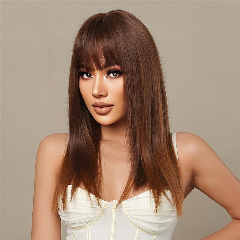 22 Inch Brown Short Straight Synthetic Wig With Bangs