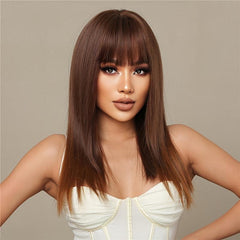 22 Inch Brown Short Straight Synthetic Wig With Bangs