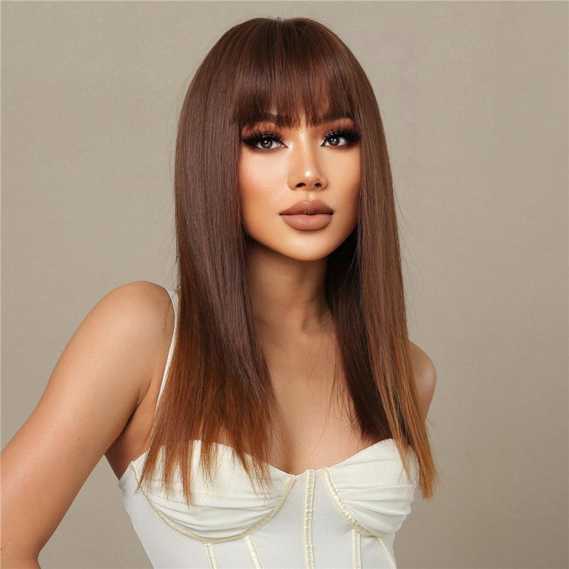 22 Inch Brown Short Straight Synthetic Wig With Bangs