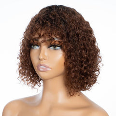 Curly Human Hair Wig with Bangs 180 Density Shoulder Length 25