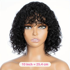 Curly Human Hair Wig with Bangs 180 Density Shoulder Length 25