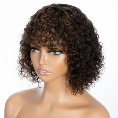 Curly Human Hair Wig with Bangs 180 Density Shoulder Length 25