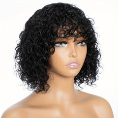 Curly Human Hair Wig with Bangs 180 Density Shoulder Length 25