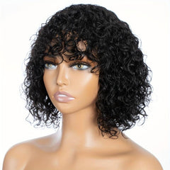 Curly Human Hair Wig with Bangs 180 Density Shoulder Length 25