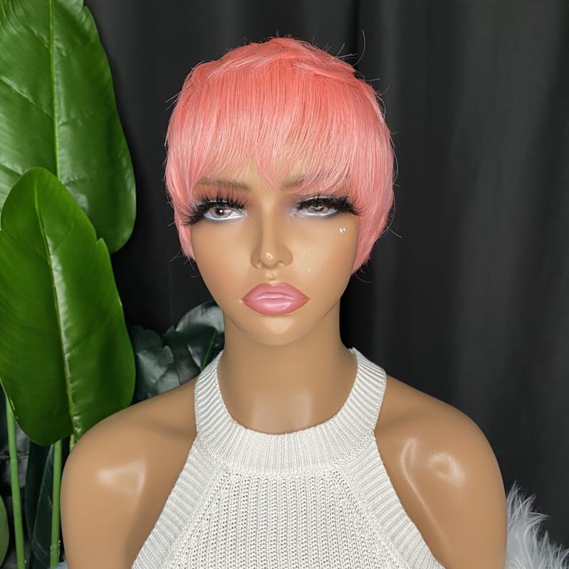 Short Pink Wavy Pixie Cut Synthetic Hair Wigs For Women