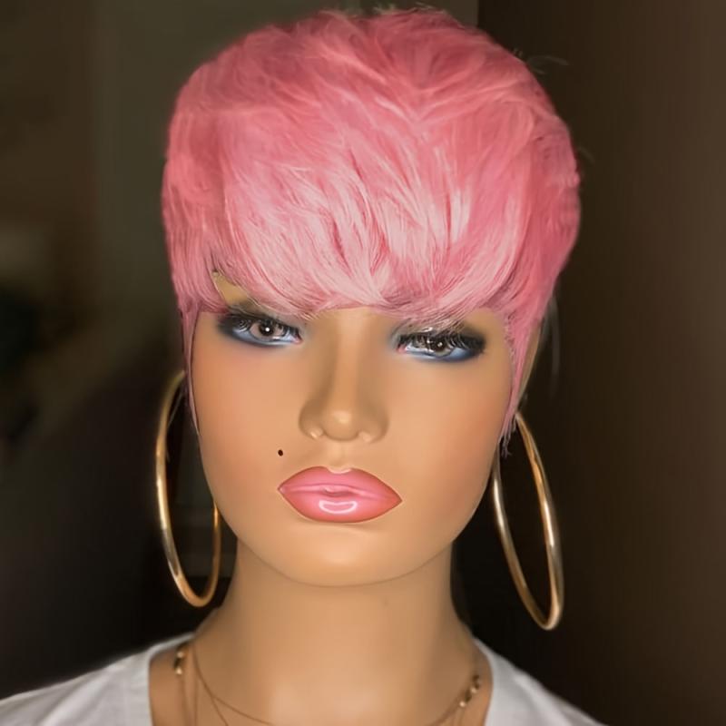 Short Pink Wavy Pixie Cut Synthetic Hair Wigs For Women