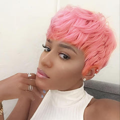 Short Pink Wavy Pixie Cut Synthetic Hair Wigs For Women