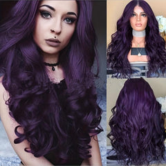 Dark Purple Long Wavy Hair Wigs Synthetic Fiber Middle Part Wigs 66 cm Halloween