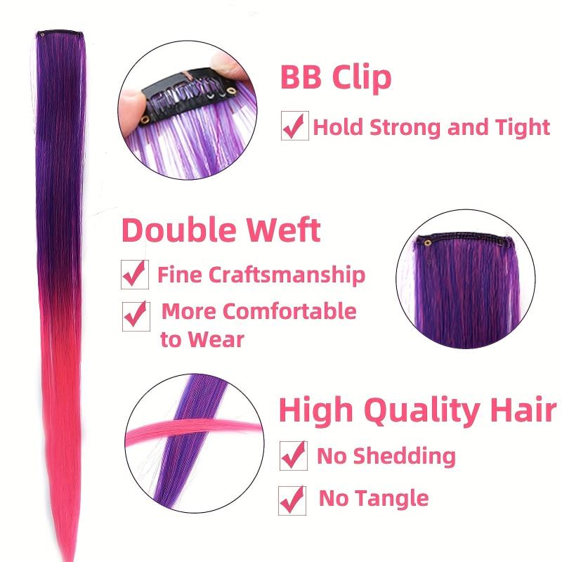 55 88 Cm Synthetic Hair Extensions Rainbow Long Straight Hairpieces Purple Pink