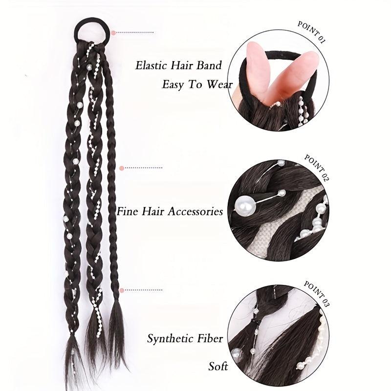 Synthetic Braided Ponytail Extensions Rubber Band Faux Pearl Twist Braids