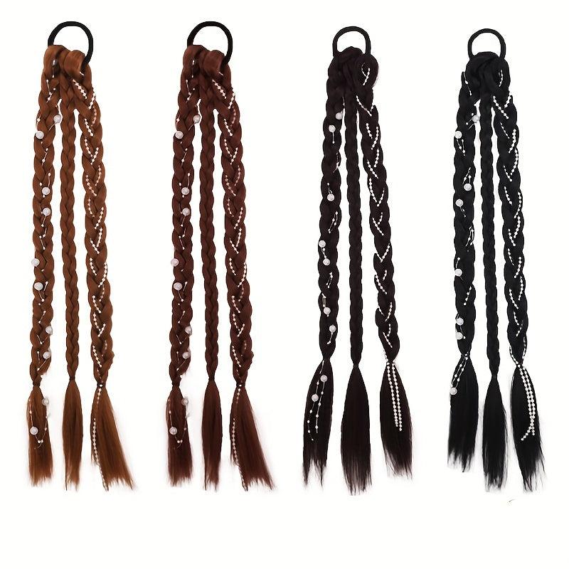 Synthetic Braided Ponytail Extensions Rubber Band Faux Pearl Twist Braids