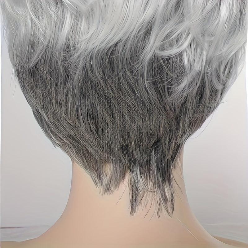 Short Gray Curly Pixie Cut Wig With Bangs Synthetic Hair Natural Look