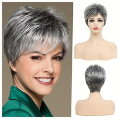 Short Gray Curly Pixie Cut Wig With Bangs Synthetic Hair Natural Look