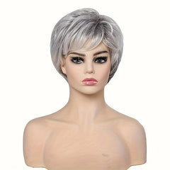 Short Gray Curly Pixie Cut Wig With Bangs Synthetic Hair Natural Look