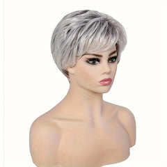 Short Gray Curly Pixie Cut Wig With Bangs Synthetic Hair Natural Look