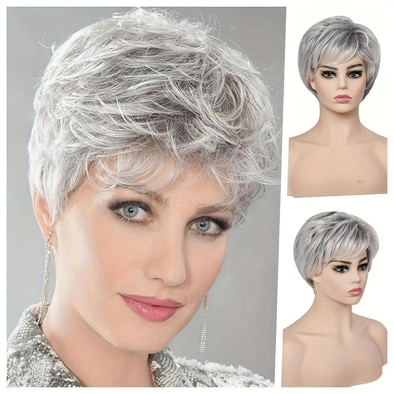 Short Gray Curly Pixie Cut Wig With Bangs Synthetic Hair Natural Look
