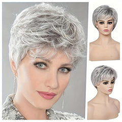 Short Gray Curly Pixie Cut Wig With Bangs Synthetic Hair Natural Look